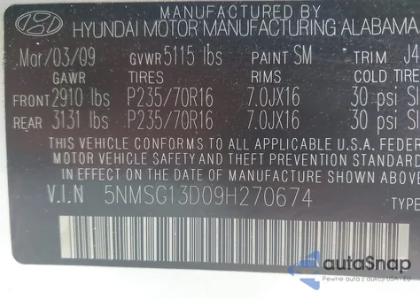 2009 Hyundai Santa Fe Gls from USA, damaged, VIN 5NMSG13D09H270674